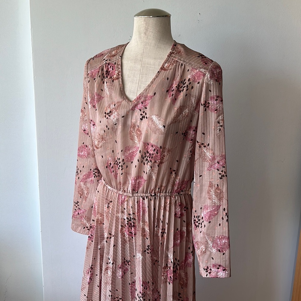 Vintage semi sheer leaf print long sleeve dress